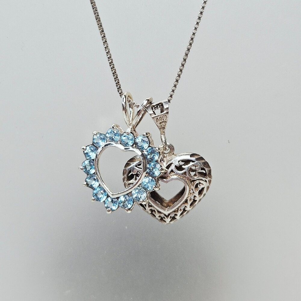 All 925 2 Open Heart Pendants on 18” Italy Box Chain  Filigree Blue Topaz 7.6gr